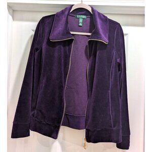 Lauren Ralph Lauren Womens Purple Velour Zip Jacket Medium Gold Zipper Mob Wife